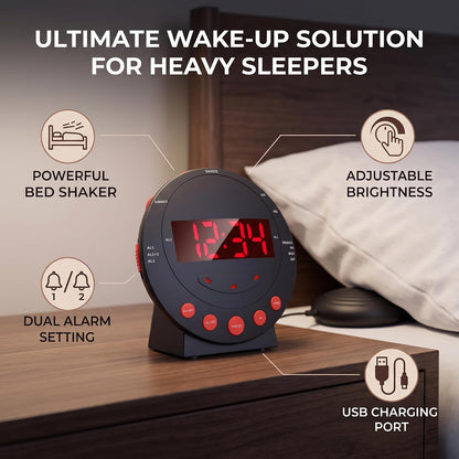Yosoo Health Gear Loud Alarm Clock with Bed Shaker, Vibrating Alarm Clock with Adjustable LED Display Dual USB Charging Ports for Heavy Sleepers Adults Teens