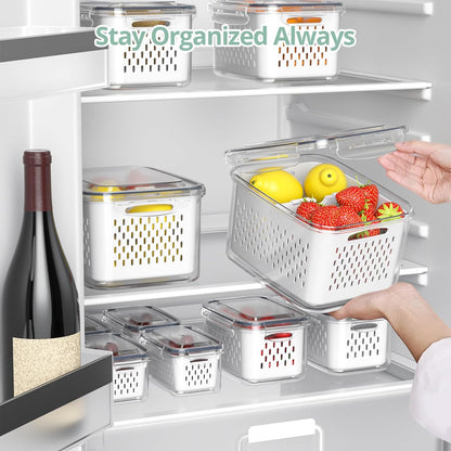 Anysig 8 Pack Fridge Fruit Storage Containers with Removable Colander | Fruit Containers for Fridge with 2 Function Divider Plate, Airtight Storage Container, Dishwasher Safe,Keep Berry Fruit Fresh