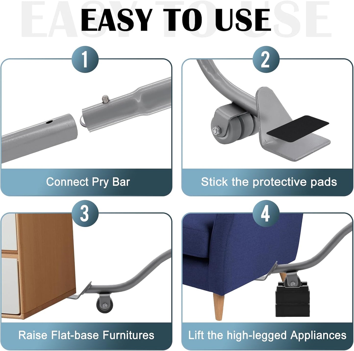 22" Furniture Lifter Tool, Appliance Metal Lifter for Heavy Furniture Grey | 1 Lifter Tool, 4 Raise Blocks, Movers, Sliders & Wheels to Move Sofa, Refrigerator, Washing Machine Easily & Safely