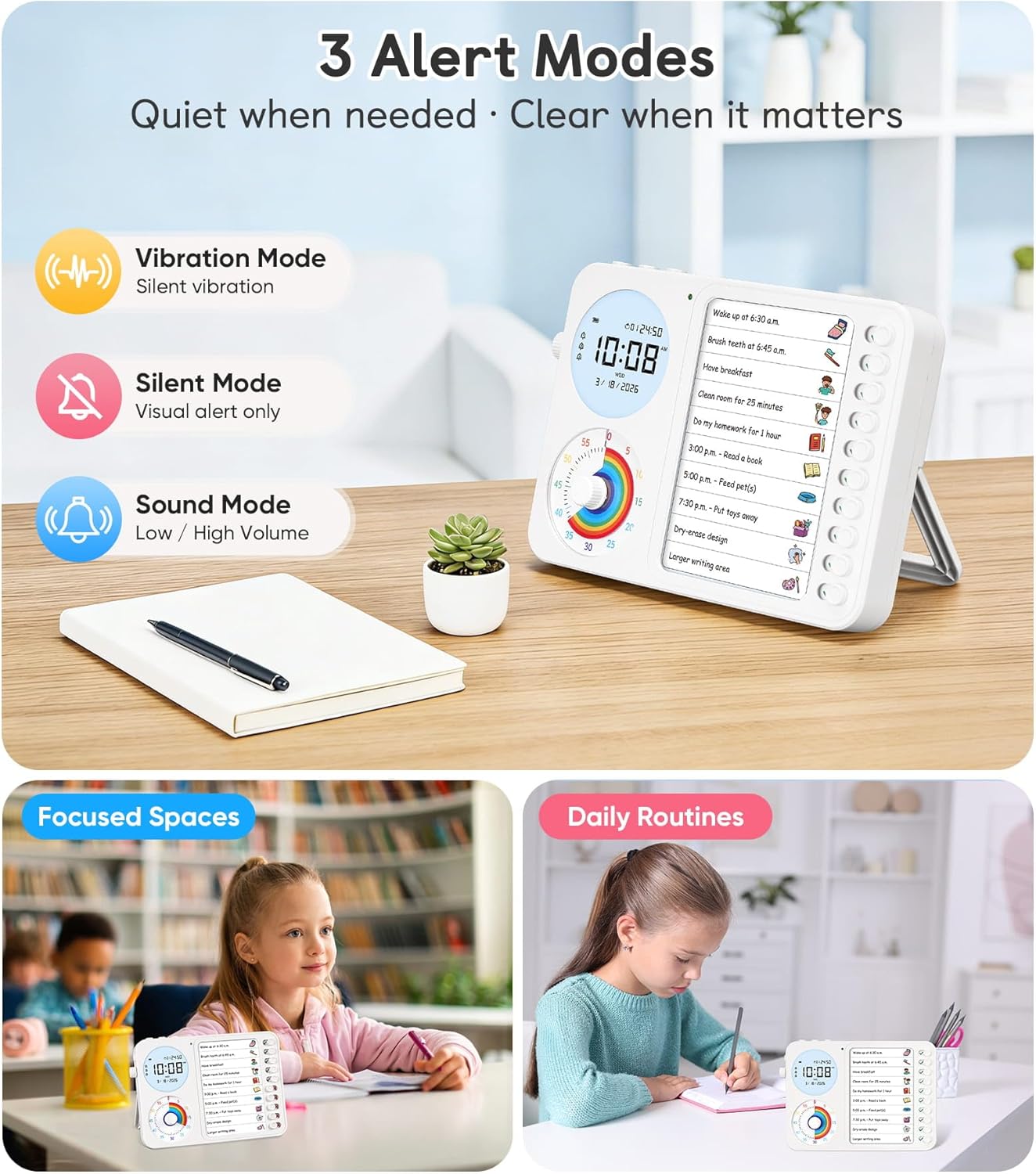 3-in-1 Visual Timer & ADHD Tool for Kids with Chore Chart & Planning Board | ADHD Timer with Digital Clock, Silent Task Timer for Adults with Visual Schedule for Home, School, Classroom, Work (Pink)
