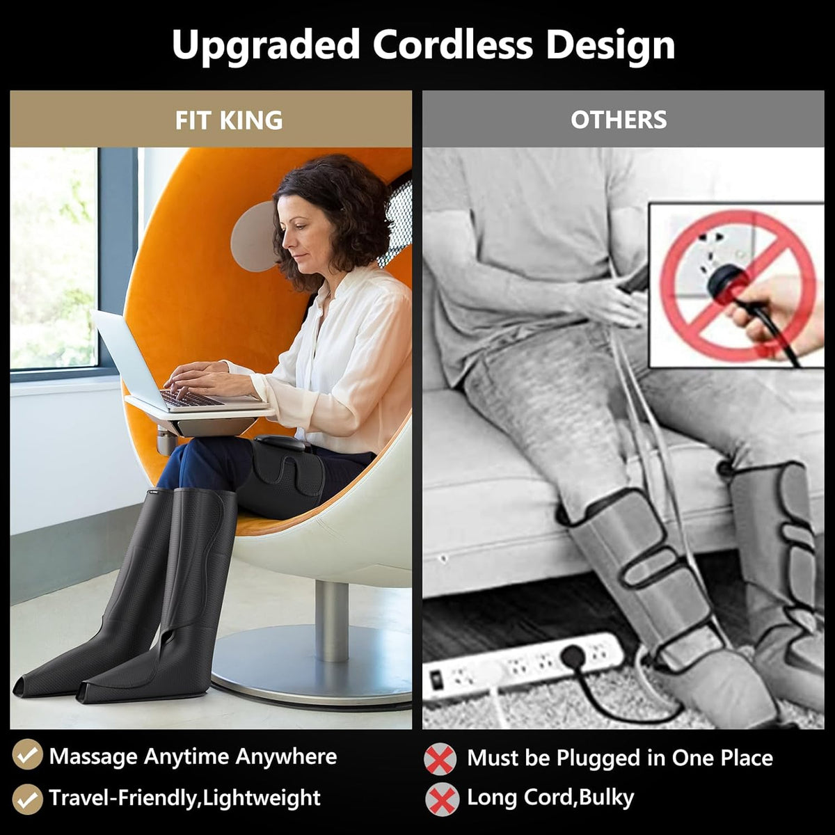 FIT KING Cordless Leg Compression Massager, Foot and Calf Massage Boot