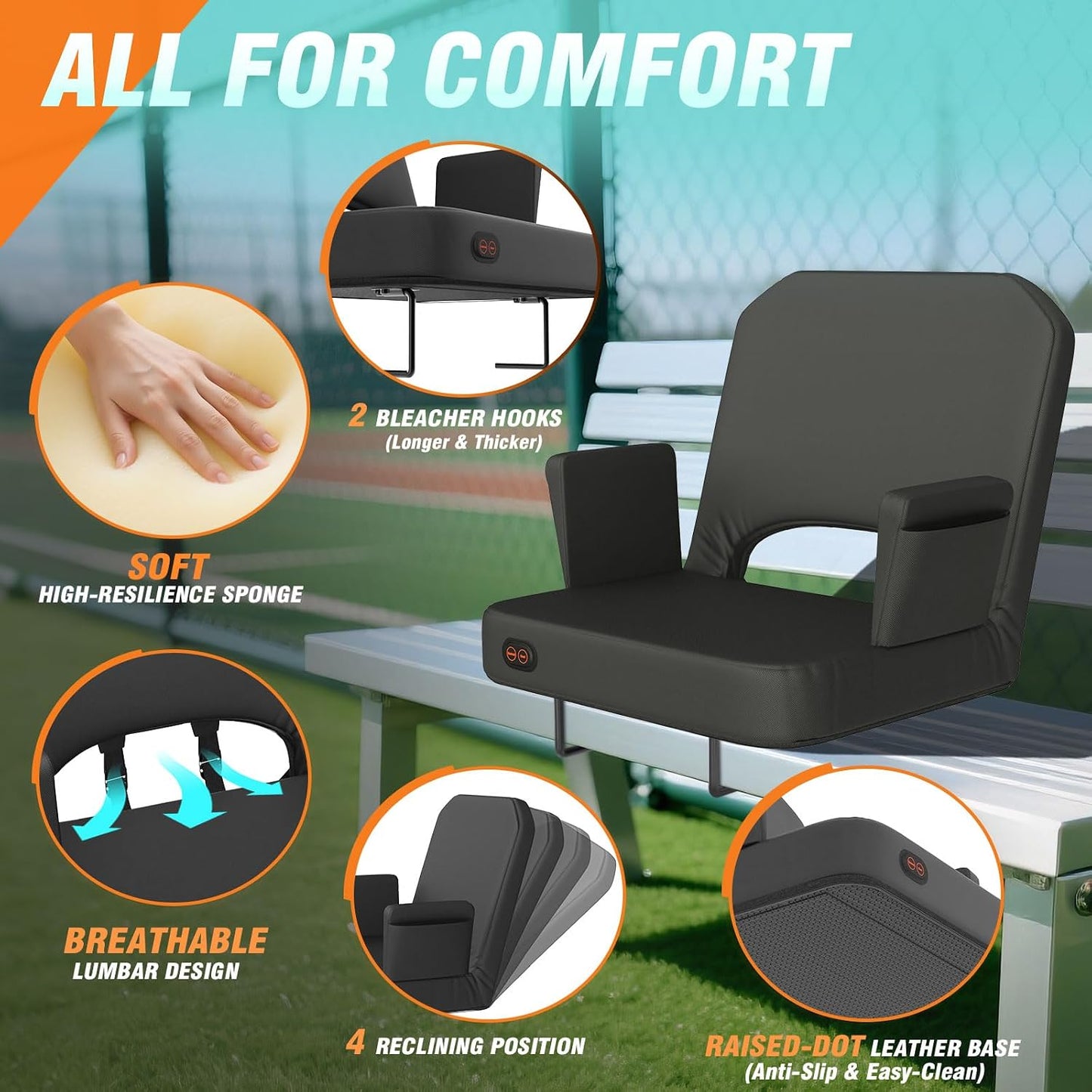 HOPERAN Heated Stadium Seats for Bleachers, Dual Control, Foldable Armrests | Independent Seat & Back 3 Level Heat (Battery Not Included), Soft Cushion, Recliner, Anti-Slip, Side Pockets, Oxford Fabric