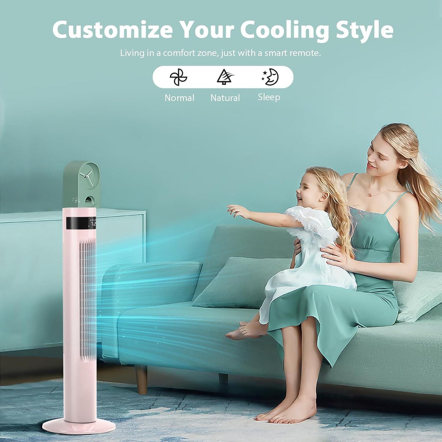 Antarctic Star Tower Fan 85°Oscillating Fan Quiet Cooling 12H Timer Remote Control Bladeless Electric 3 Speeds Wind 3 Modes, 42INCH, PINK