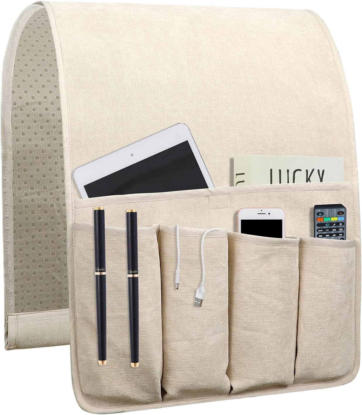Remote Control Holders for Armchairs, Couch Caddy, Featuring Non-Slip Bases | 5 Pockets Bedside Storage Pocket for TV Remote Holder, Phone Tablet Kindle, Magazines, Gifts for Seniors (Beige, 35"X12.4")