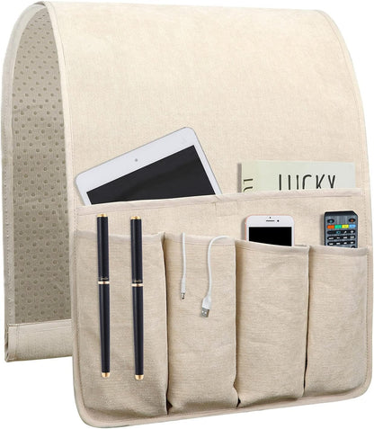 Remote Control Holders for Armchairs, Couch Caddy, Featuring Non-Slip Bases | 5 Pockets Bedside Storage Pocket for TV Remote Holder, Phone Tablet Kindle, Magazines, Gifts for Seniors (Beige, 35"X12.4")