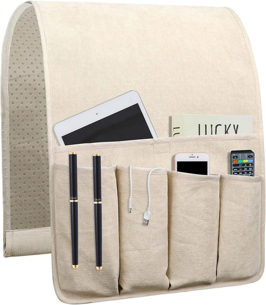 Remote Control Holders for Armchairs, Couch Caddy, Featuring Non-Slip Bases | 5 Pockets Bedside Storage Pocket for TV Remote Holder, Phone Tablet Kindle, Magazines, Gifts for Seniors (Beige, 35"X12.4")