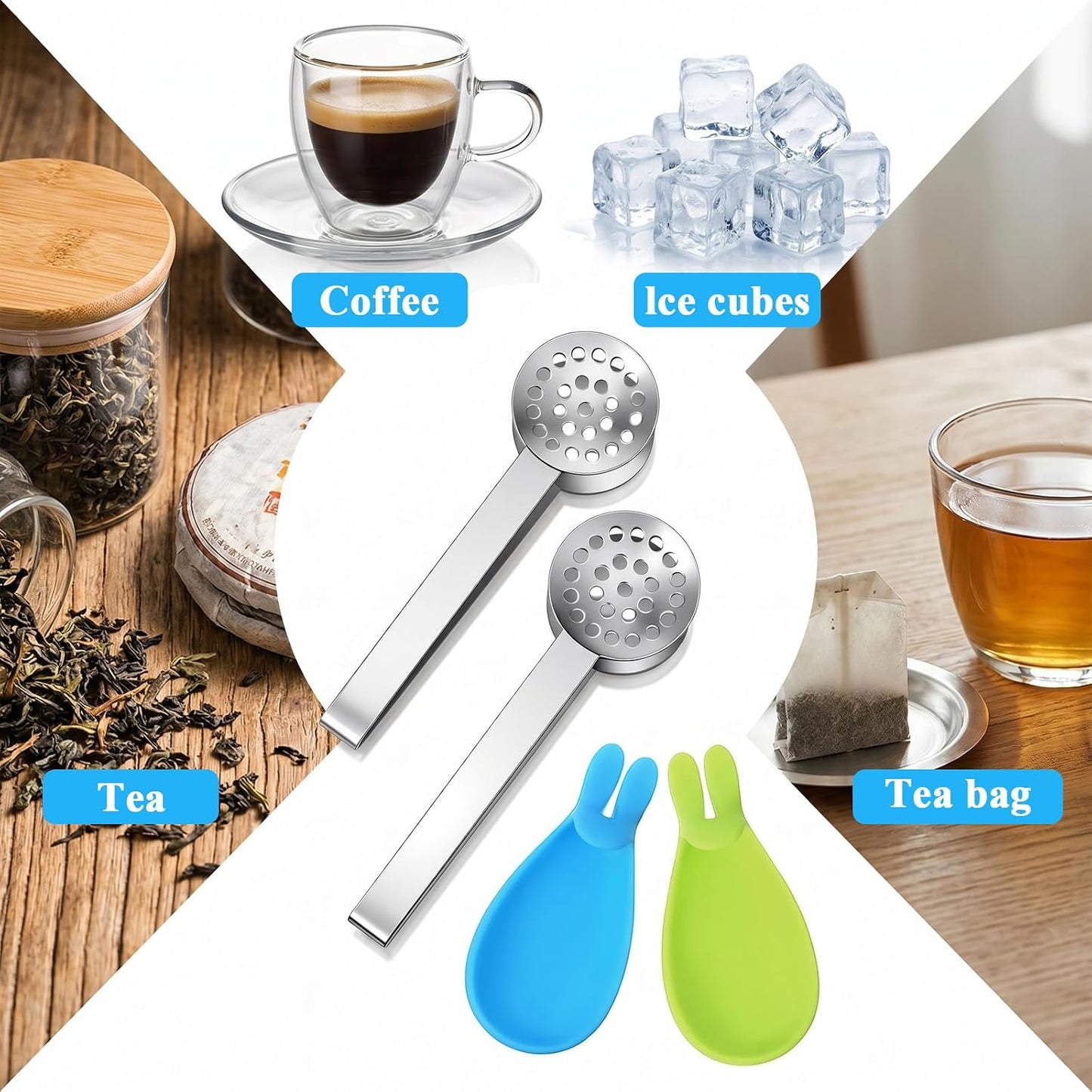 4PCS Stainless Steel Tea Bag Squeezer with Bunny Silicone Tea Bag Holders, 6inch Round Teabag Squeezer Strainer Clips Sugar Ice Cube for Kitchen Bar Tools