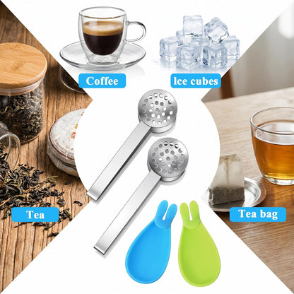 4PCS Stainless Steel Tea Bag Squeezer with Bunny Silicone Tea Bag Holders, 6inch Round Teabag Squeezer Strainer Clips Sugar Ice Cube for Kitchen Bar Tools