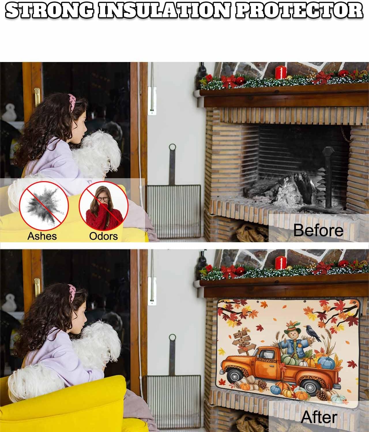 Happy Fall Magnetic Fireplace Cover, Fireplace Draft Blocker, Thanksgiving Truck Pumpkin Leaf Scarecrows Fireplaces Blanket for Heat Loss/Cold Air, Fireplaces Draft Stopper Cover for Inside 45''x34''
