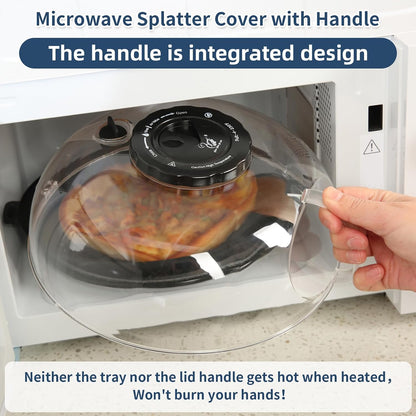 Microwave Splatter Cover Lid for Food 10.2 Inch with Water Steamer, Clear Microwave Splash Guard Cooker Lid with Plate, Dish Bowl Plate Serving Cover Cookware High Transparent Plastic Black