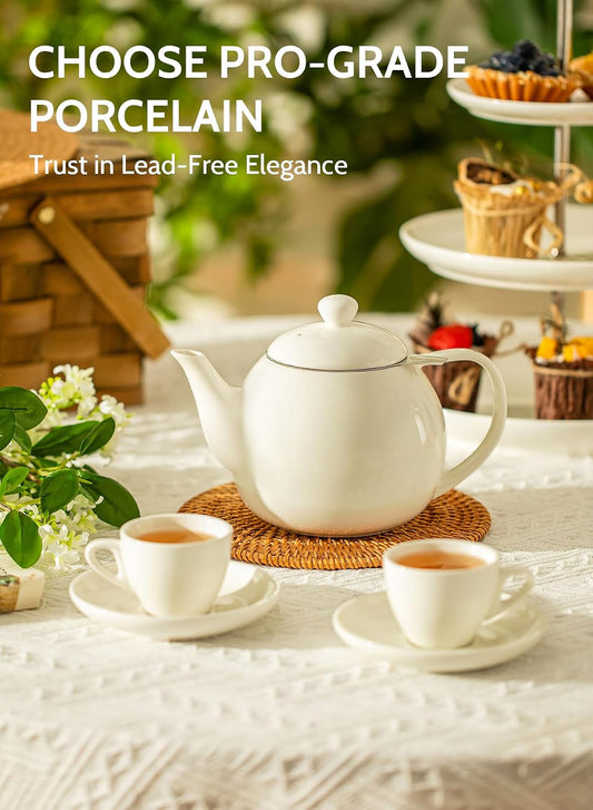 Sweese Teapots for Tea, 27 oz Porcelain Tea pot with Removable Stainless Steel Infuser, Tea Pots for Loose Tea - White
