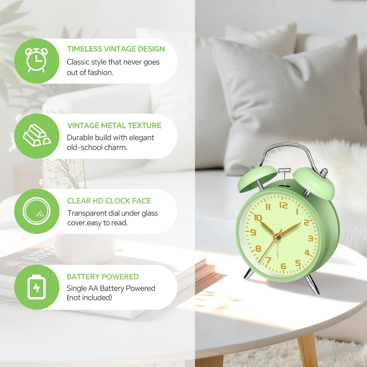 4.5" Metal Loud Alarm Clock for Heavy Sleepers Adults, Analog Battery Operated Alarm Clock with Bells Glow in Dark Numbers, Silent Old School Bedside Desk Clock for Bedroom Office Kids, Black