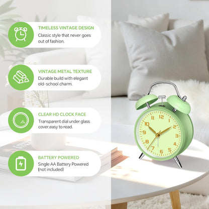 4.5" Metal Loud Alarm Clock for Heavy Sleepers Adults, Analog Battery Operated Alarm Clock with Bells Glow in Dark Numbers, Silent Old School Bedside Desk Clock for Bedroom Office Kids, Black