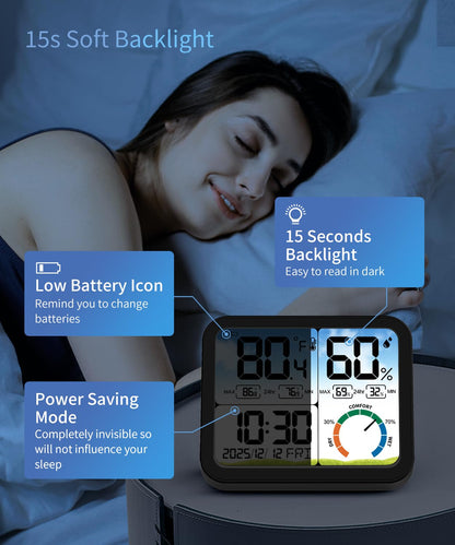 5.8'' Digital Indoor Thermometer Hygrometer, Temp Humidity Monitor & Clock | USB-C & Battery Powered, Large Backlit Display, Calibratable Readings, Max & Min Records, Comfort Level, Date & Time Display