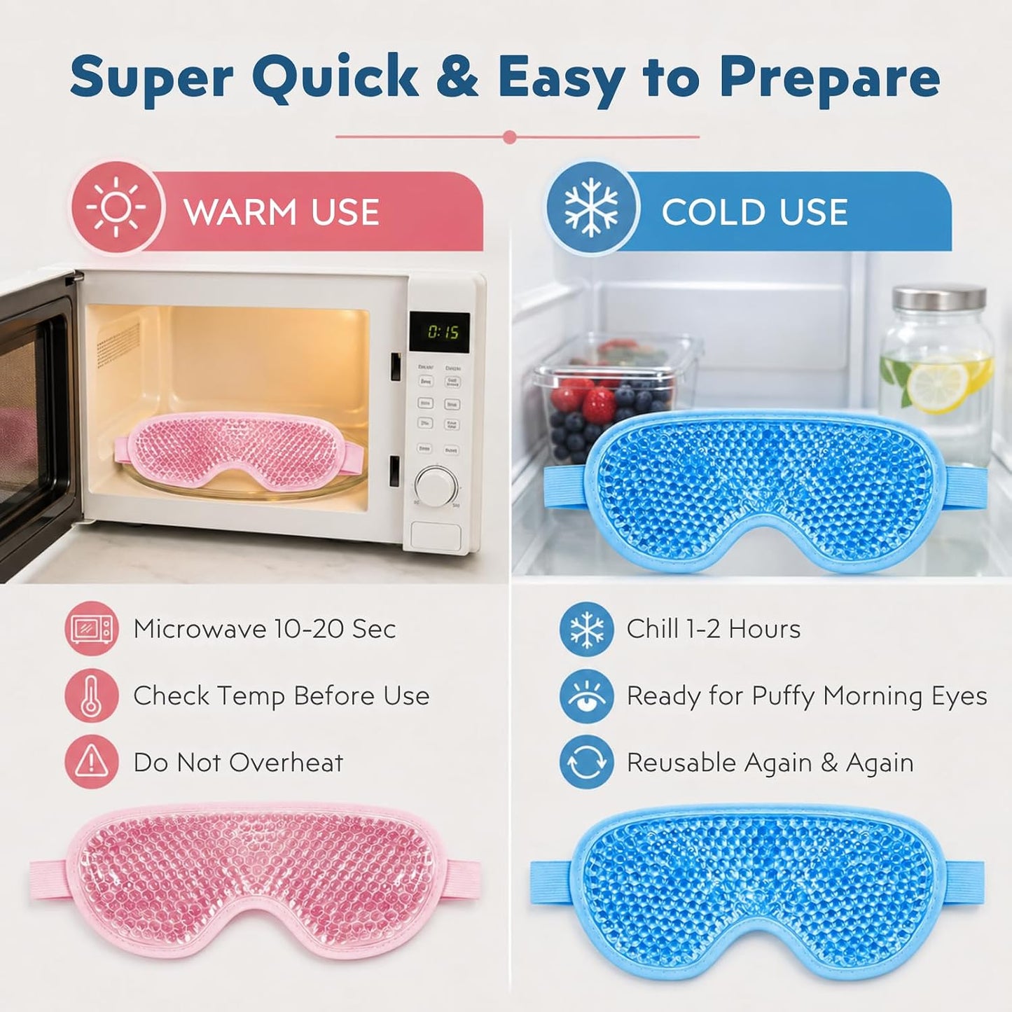 Gel Eye Mask, 2 Pack Cooling Eye Mask for Puffiness & Dark Circles, Hot/Cold Reusable Ice Packs with Flexible Beads, Full Coverage Compress Sleeping Mask with Adjustable Soft Plush Strap for Women Men