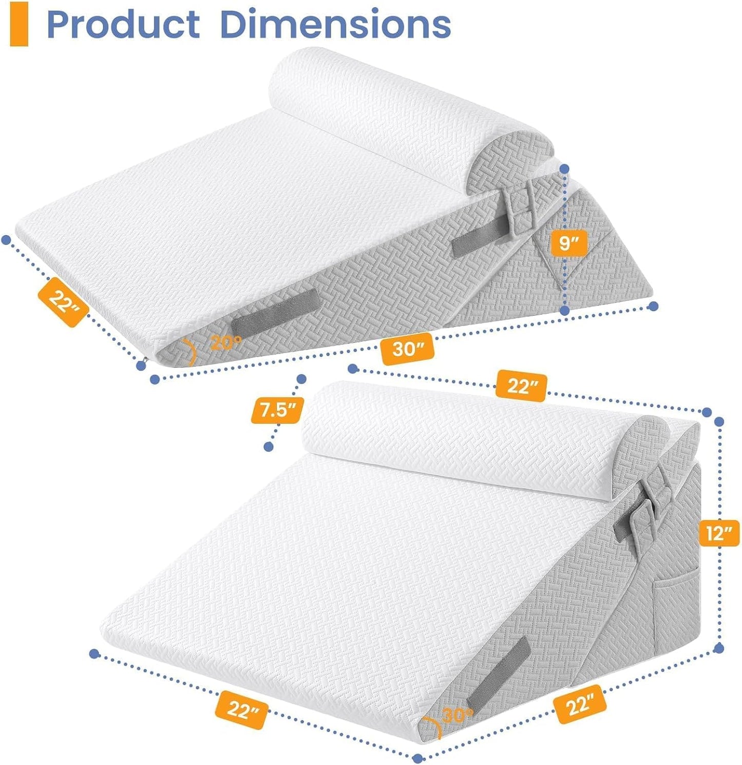 Sasttie Adjustable Wedge Pillow Set for After Surgery, Dark Grey & White | Bed Wedge Pillow Headboard with Memory Foam Neck Cushion, for Acid Reflux, Sleeping, Neck & Back Support
