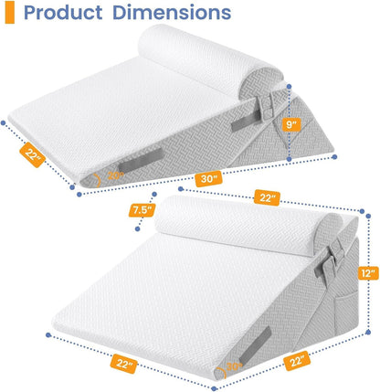 Sasttie Adjustable Wedge Pillow Set for After Surgery, Dark Grey & White | Bed Wedge Pillow Headboard with Memory Foam Neck Cushion, for Acid Reflux, Sleeping, Neck & Back Support