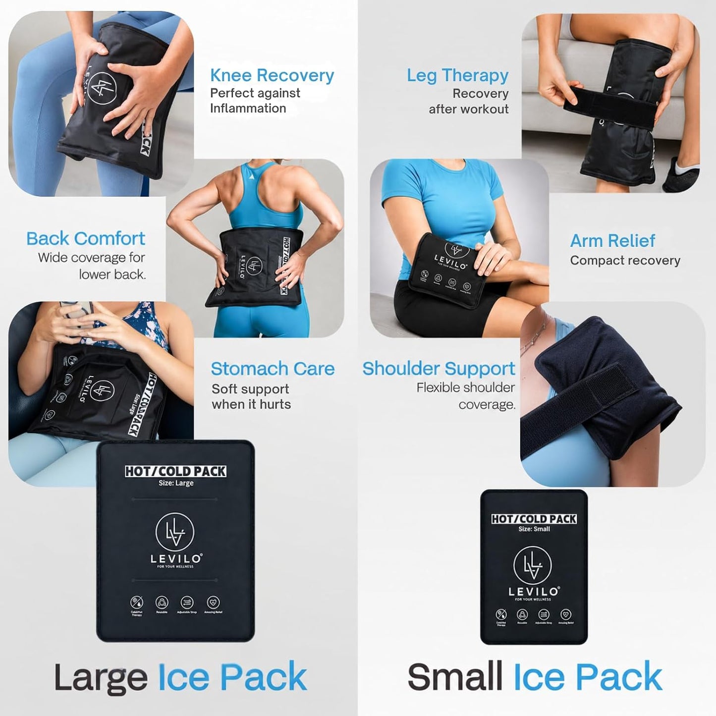 LEVILO Large Ice Packs for Injuries Reusable with Straps - 2 Pack (Large & Small) Soft Ice Packs | Cold Packs for Back, Shoulder, Knee, Relief | After Surgery | Flexible When Frozen