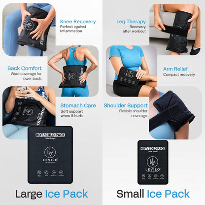 LEVILO Large Ice Packs for Injuries Reusable with Straps - 2 Pack (Large & Small) Soft Ice Packs | Cold Packs for Back, Shoulder, Knee, Relief | After Surgery | Flexible When Frozen
