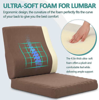 Shinnwa Lumbar Support Pillow for Recliner, Ultra-Soft Foam Back Support Pillow and Egg Crate Foam Seat Cushion 2-in-1 for Couch, Office Chair, for Back Pain Relief, Brown