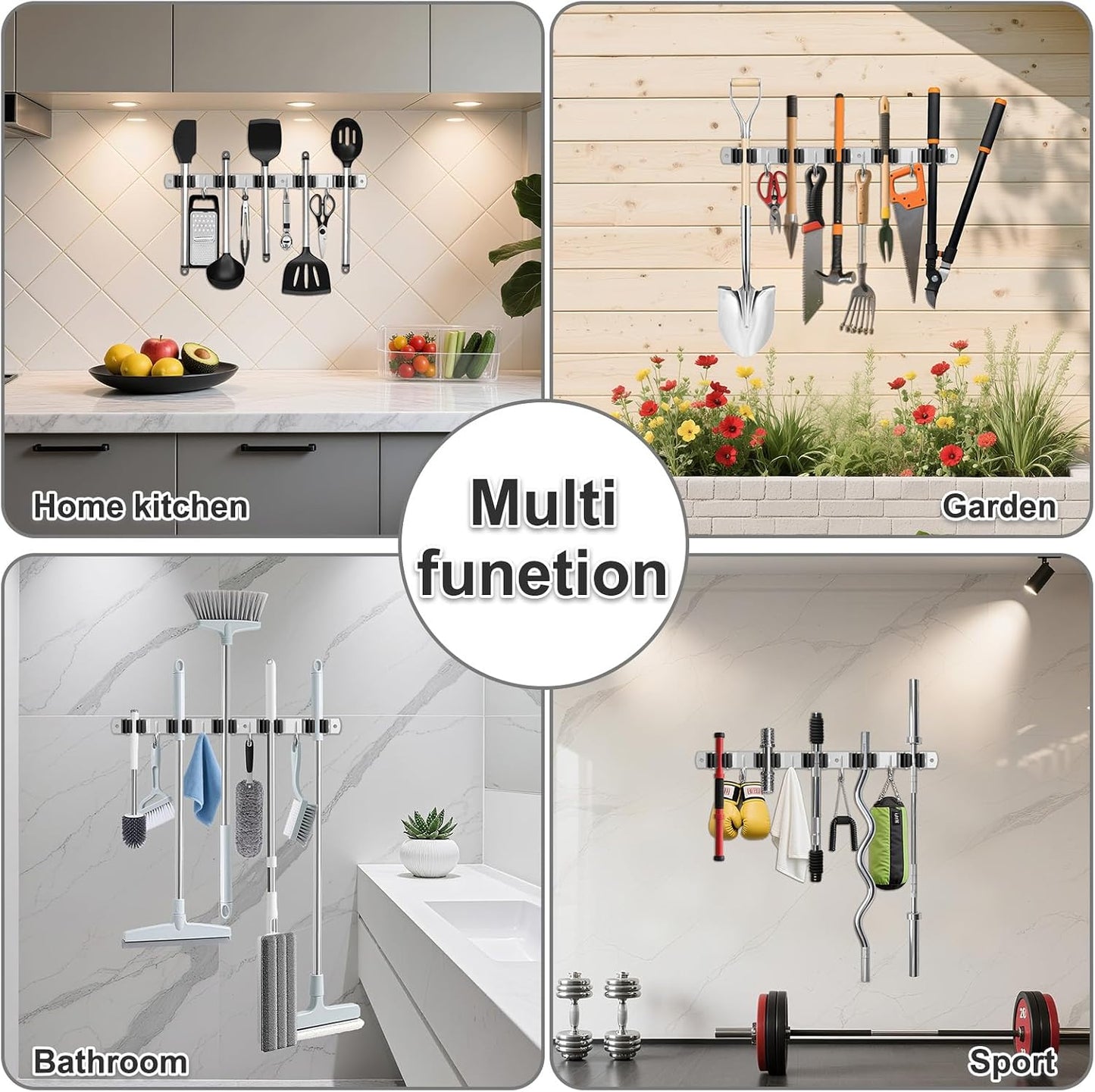 HANZENMA Broom Holder Wall Mount, Broom Organizer Wall Mount Stainless Steel Broom and Mop Hanger Heavy Duty Storage Organization for Home Kitchen Garden Garage Room 5 Racks 4 Hooks
