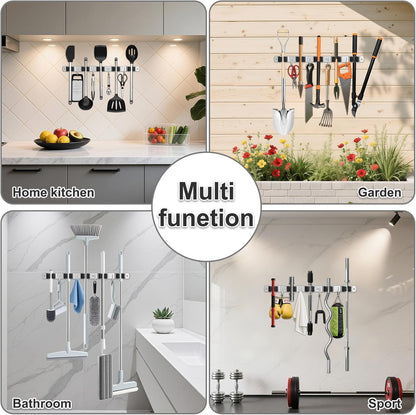 HANZENMA Broom Holder Wall Mount, Broom Organizer Wall Mount Stainless Steel Broom and Mop Hanger Heavy Duty Storage Organization for Home Kitchen Garden Garage Room 5 Racks 4 Hooks