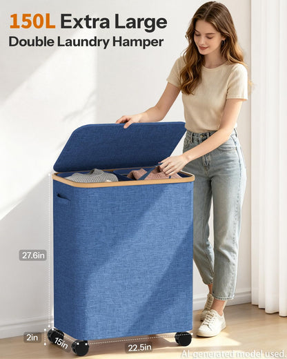 Double Laundry Basket with Wheels and Lid, 150L Clothes Hampers for Laundry | Large Laundry Hamper with 2 Sections & Removable Liner Bags, Rolling Dirty Clothes Basket for Bedroom Bathroom Dorm College