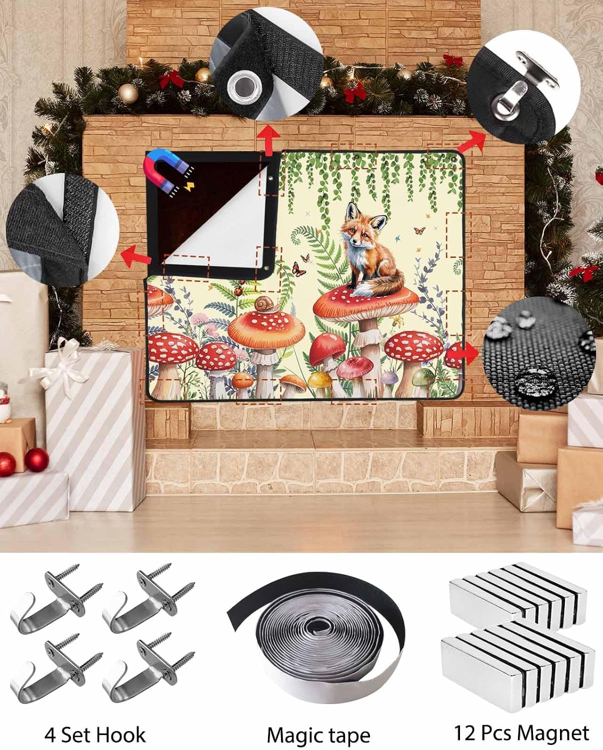 Magnetic Fireplace Cover Red Mushroom Fox Fireplace Screen Decorative Eucalyptus Leaves Butterfly Black Insulation Fireplaces Blocker Save Energy Fireplaces Draft Stopper Covers for Living Room 36x30