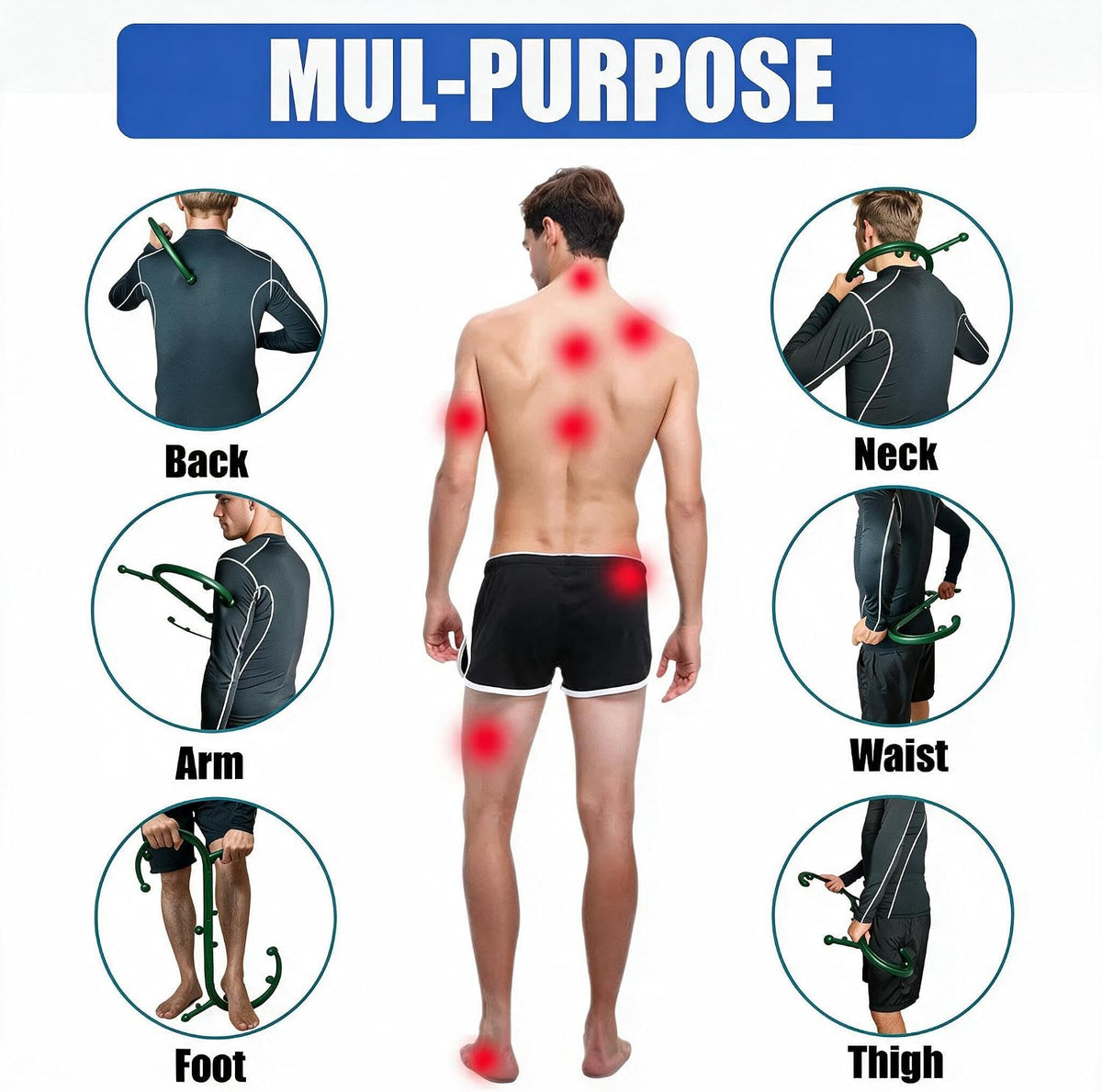 Ergonomic Deep Tissue Massager, Back Cane with 12 Massage Nodes for Neck, Back & Shoulder, Detachable Muscle Knot Relief Tool, Full Body Self Massage for Tension Relief (Green)