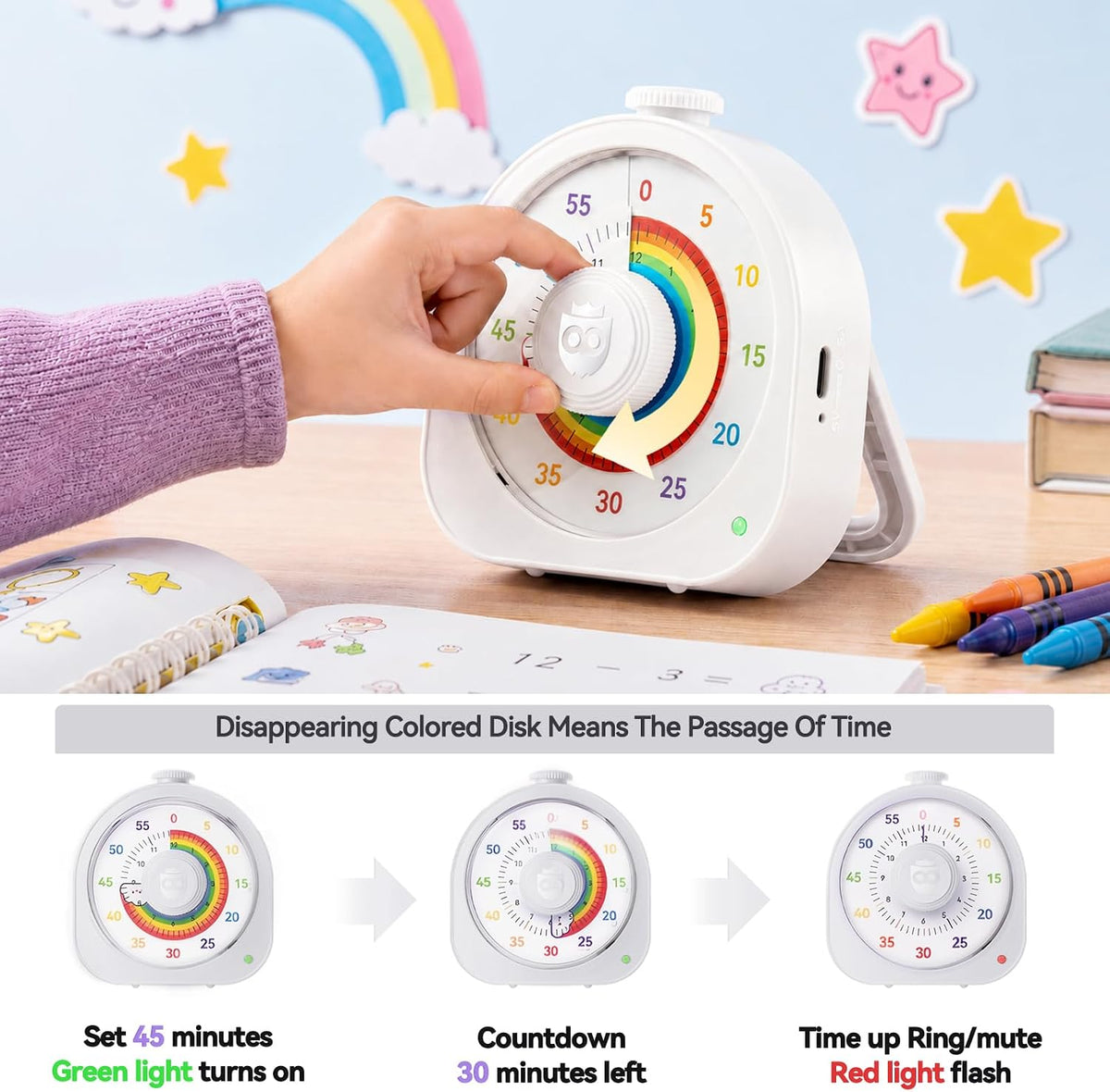 Visual Timer for Kids, Rechargeable Rainbow 60-Min/12-Hour Countdown, White
