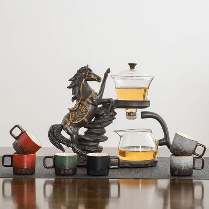 Glass Kungfu Teapot Set Tea maker with Infuser Semi Automatic Tea Set with 6 Small Cups (Red)