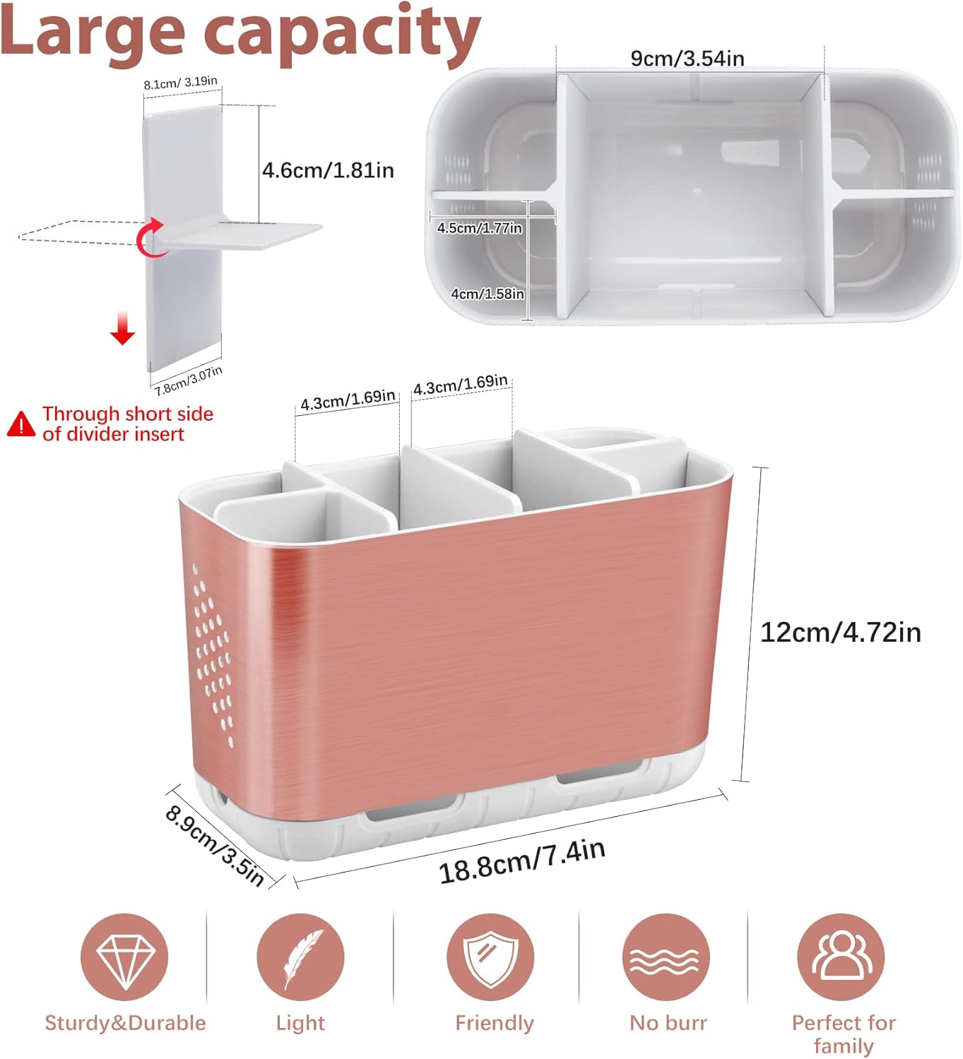 Boperzi Toothbrush and Toothpaste Holder Drainage for Bathroom Countertop with Adjustable Dividers, Large Toothpaste Caddy Organizer Storage Rustic Decor Set Anti-Slip for Shower,Family,Kids Gray