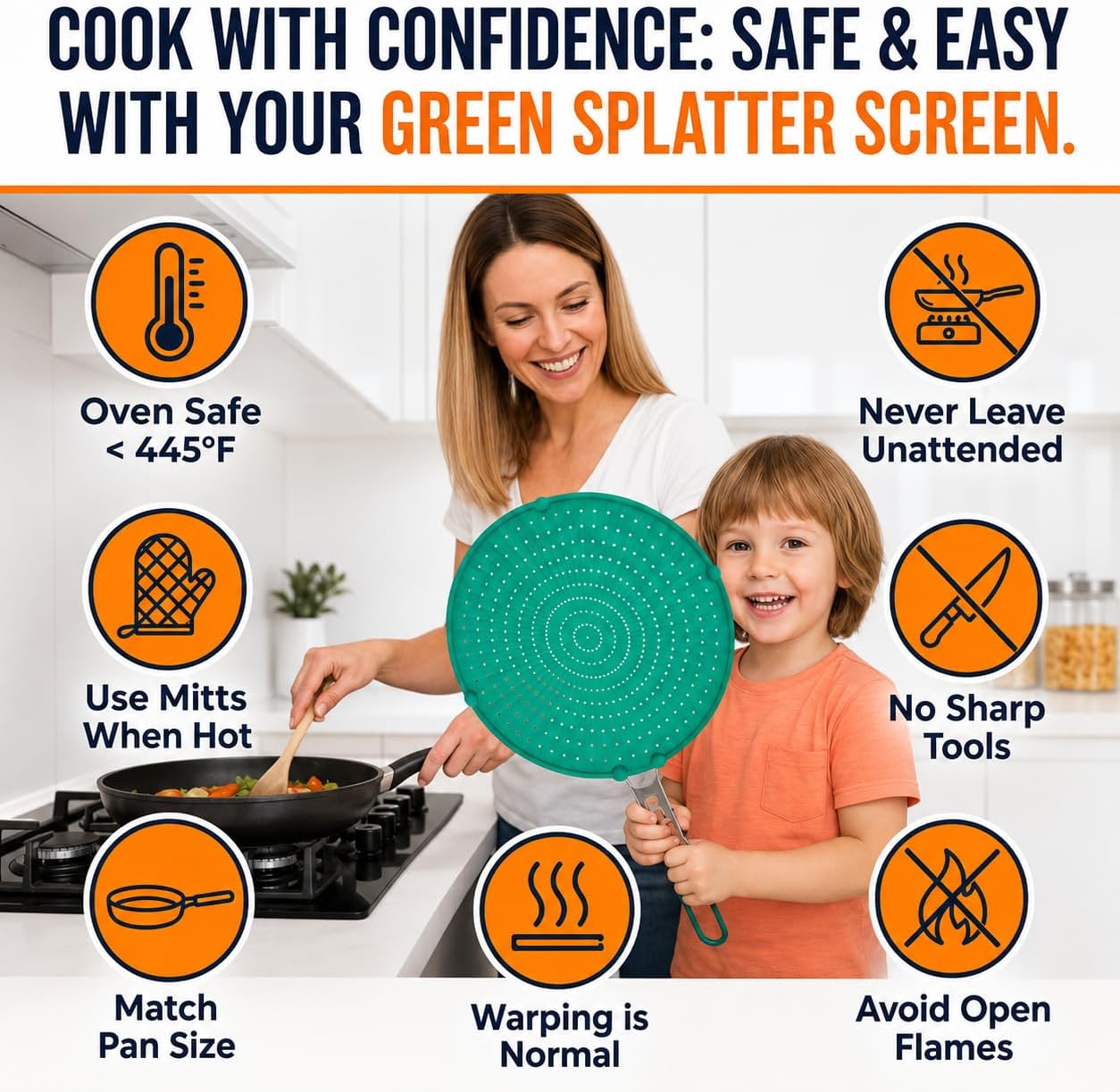 Silicone Splatter Screen for Frying Pan, 13” Navy – Grease & Oil Splatter Guard, Heat Resistant, Dishwasher Safe, Foldable Handle with Sleeves – Splash Guard Fits 10–12” Pans, Most 13” Skillets