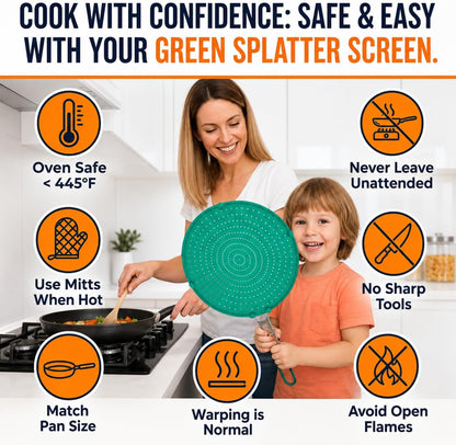 Silicone Splatter Screen for Frying Pan, 13” Navy – Grease & Oil Splatter Guard, Heat Resistant, Dishwasher Safe, Foldable Handle with Sleeves – Splash Guard Fits 10–12” Pans, Most 13” Skillets