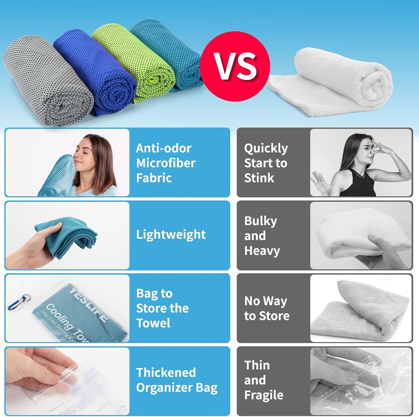 YESLIFE Cooling Towels, 4-Pack 40"x12", Multicolor Set A | Microfiber gym towels, soft breathable neck wrap, cooling towel for yoga running sport camping, Multicolor, 4-pack