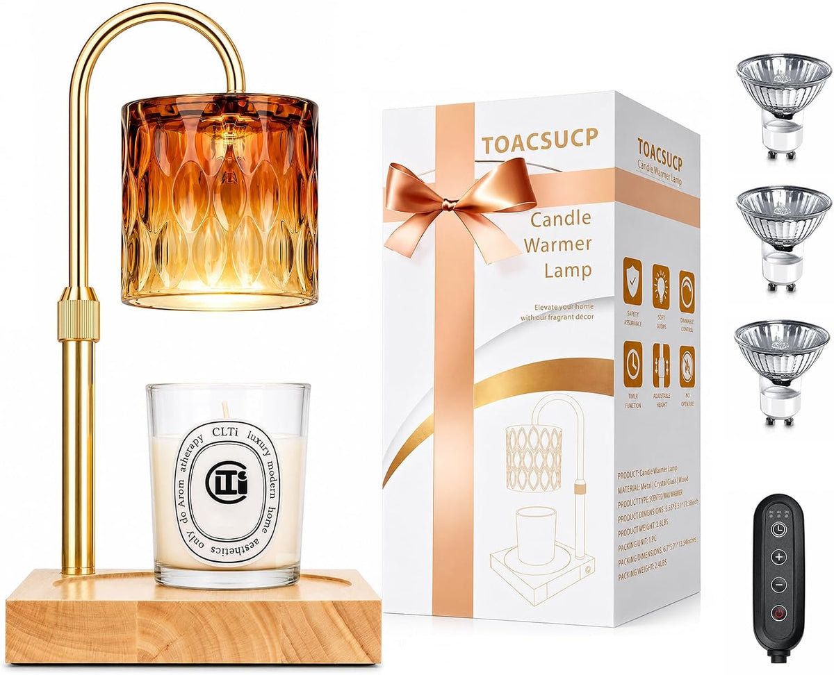 Candle Warmer Lamp with 3 Bulbs, Adjustable Height Dimmable Candle Warmer with Timer, Candle Lamp with Charming Gift Box Ribbon,Birthday Gifts for Women Mom, House Warming Gifts New Home Decor