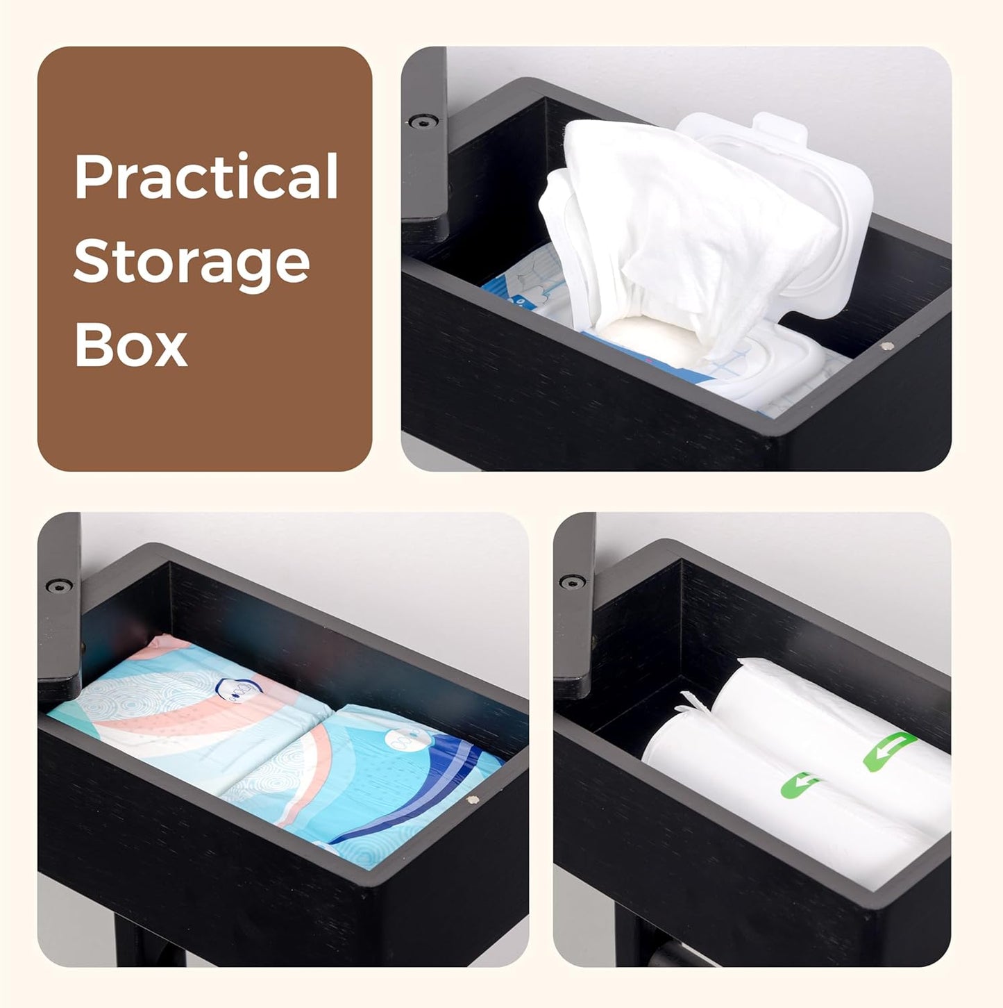 4-in-1 Black Toilet Paper Holder Stand with Storage Shelf Box, 360° Rotating Bamboo Free Standing Toilet Tissue Roll, Toilet Wipes Dispenser Organizer, Temporary Desktop for Bathroom (Patent) | 360° Rotating Bamboo Free Standing Toilet Tissue Roll,