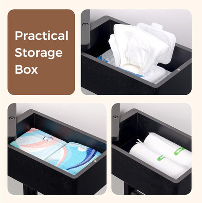 4-in-1 Black Toilet Paper Holder Stand with Storage Shelf Box, 360° Rotating Bamboo Free Standing Toilet Tissue Roll, Toilet Wipes Dispenser Organizer, Temporary Desktop for Bathroom (Patent) | 360° Rotating Bamboo Free Standing Toilet Tissue Roll,