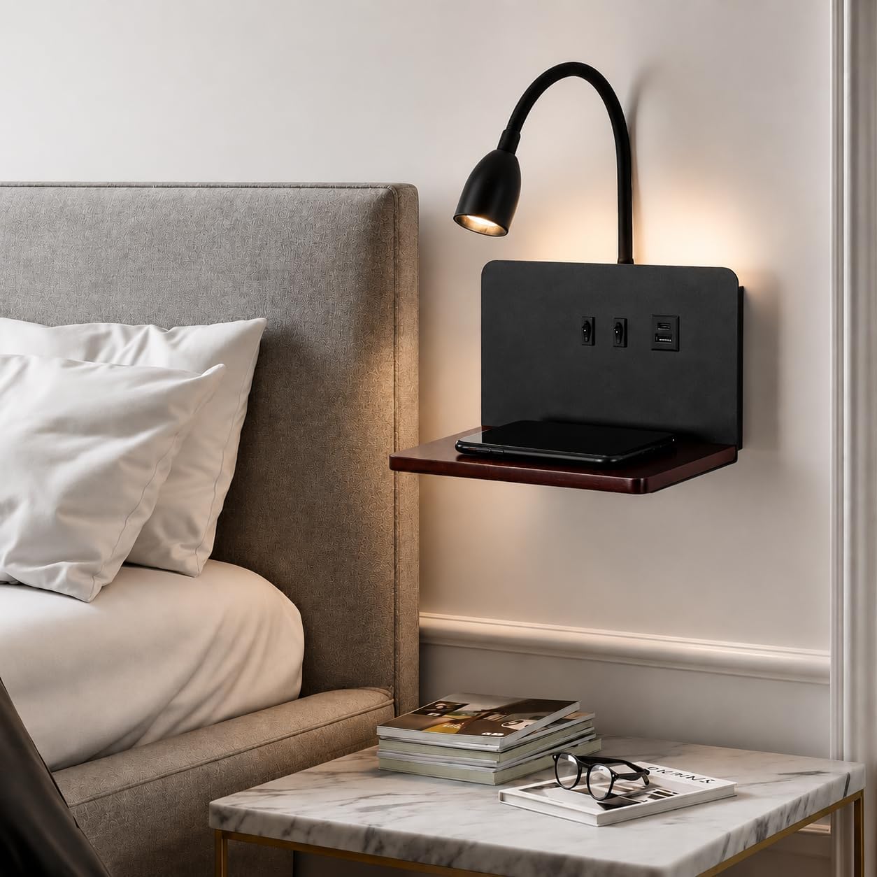 Bedside Wall Sconce with Wireless Charging Station & USB Charging, 3 Adjustable Color Temperatures LED Reading Light, 3000K Warm Ambient lighting Wall Mounted Sconce for Bedroom, Plug-in or Hardwired