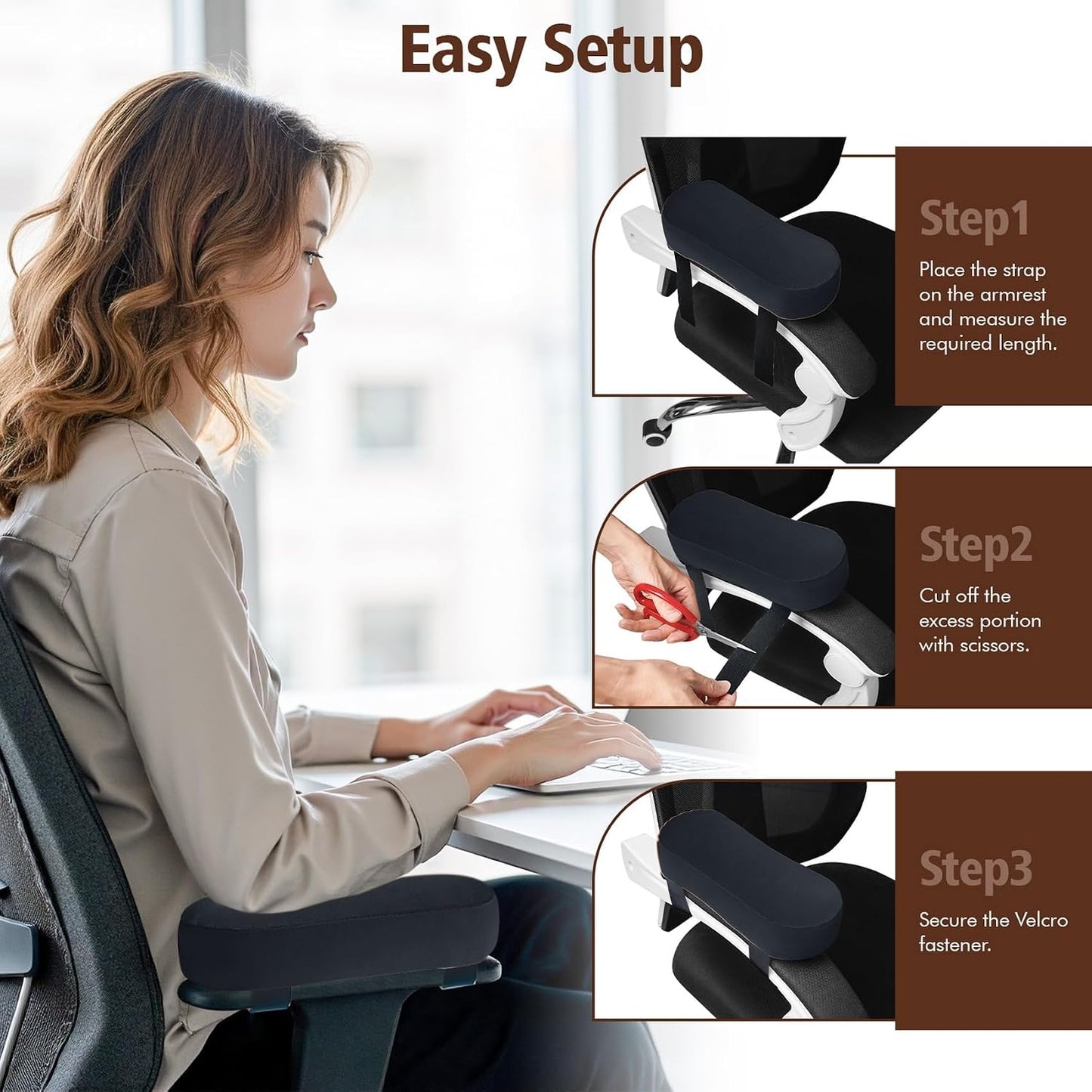 WdFour 2-Pack Non-Slip Armrest Pads for Office & Gaming Chairs - Ergonomic Forearm Support Pillow for Desk, Computer & Wheelchair, Pressure Relief Cushions (Black)