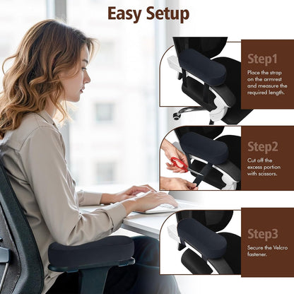 WdFour 2-Pack Non-Slip Armrest Pads for Office & Gaming Chairs - Ergonomic Forearm Support Pillow for Desk, Computer & Wheelchair, Pressure Relief Cushions (Black)