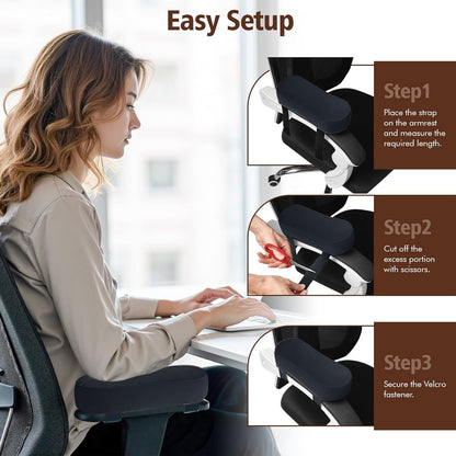 WdFour 2-Pack Non-Slip Armrest Pads for Office & Gaming Chairs - Ergonomic Forearm Support Pillow for Desk, Computer & Wheelchair, Pressure Relief Cushions (Black)