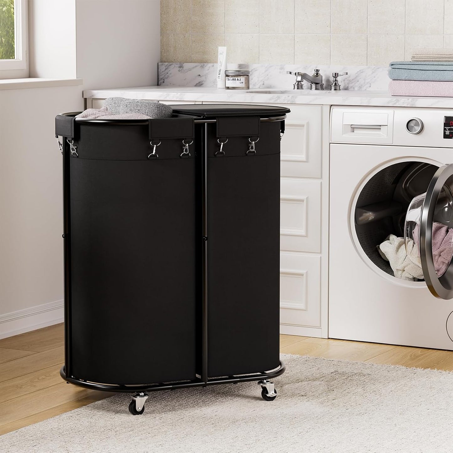 Laundry Hamper with Wheels and Lid, 100L Half Round Rolling Laundry Basket | Gasvadivum Sturdy Metal Frame Laundry Cart with Removable Bag, Dirty Clothes sorter Organizer for Bathroom, Bedroom, Black
