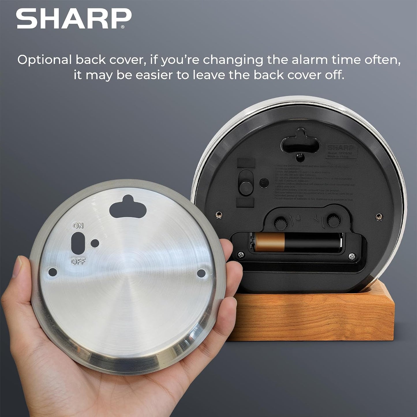 Sharp Silent Sweep Non-Ticking Analog Alarm Desk Metal Clock, Wood Stand | Wall mount, luminous hands, on/off indicator, AA powered, bedroom, office, study, quiet workspace, shelf, nightstand, table
