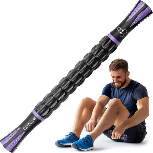 Muscle Roller Stick - Green - Hand Held Body Massager with 9 Rollers & Non-Slip Handles - Deep Tissue Massage & Maximum Muscle Recovery - Leg, Back, Arm, Thigh, Butt Sculpting Tool - by Cozlow
