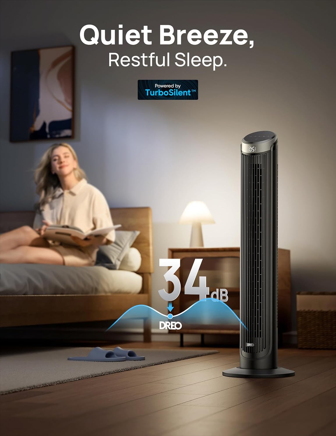 DREO Smart Tower Fan for Bedroom, 90° Oscillating Fan, 26ft/s Wind, 28dB