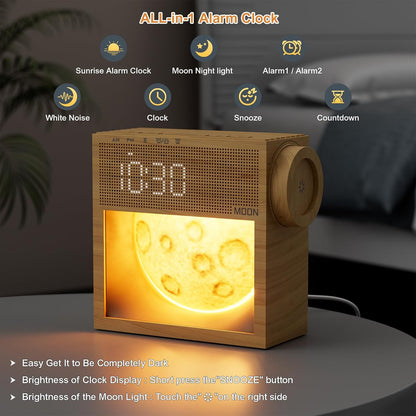 Sound Machine Alarm Clock with Sunrise Wake-Up Light, Plug-in Digital Clock | White Noise Machine with 20 Soothing Sounds for Sleeping, Dual Alarms, Snooze, Timer, Dimm Gentle Moon Night Lamp for Bedroom