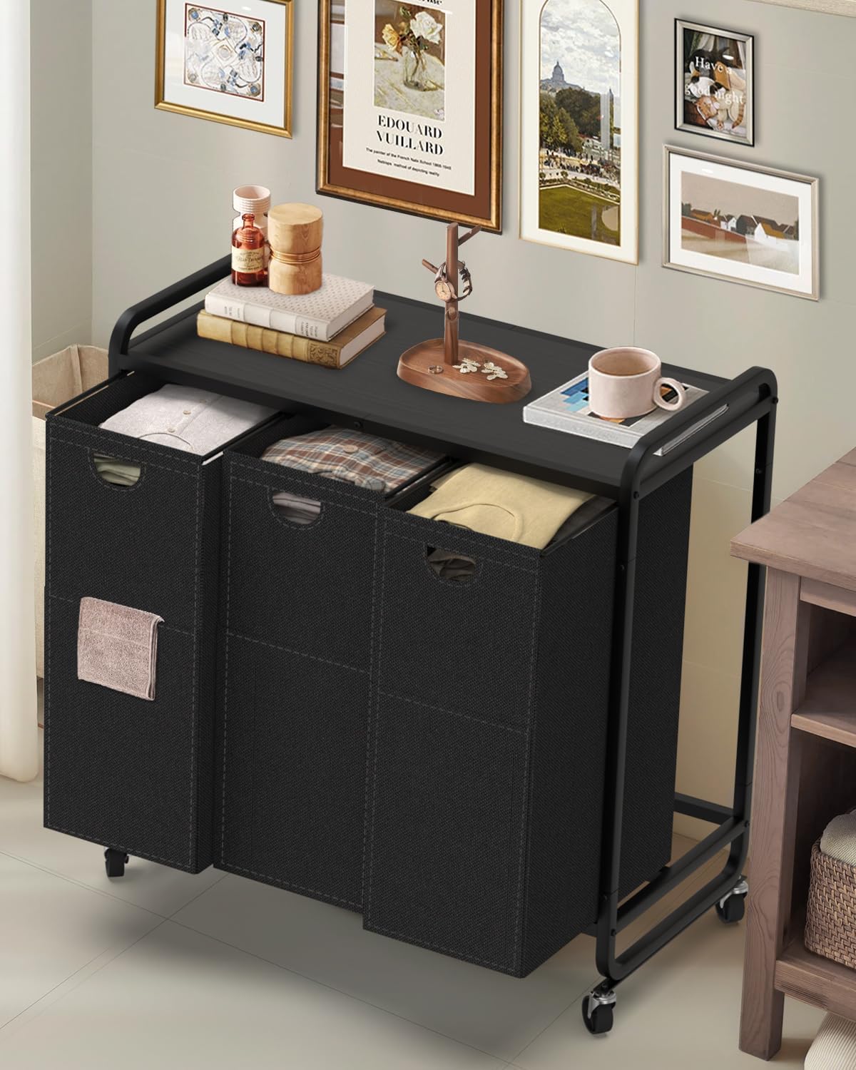 Laundry Sorter 3 Section,Laundry Basket with Wheels,3×15.8 Gal (60L) | Laundry Room Organization with Wooden Desktop Shelf,Pull-Out and Removable 900D Oxford Fabric Laundry Bags for Laundry Room