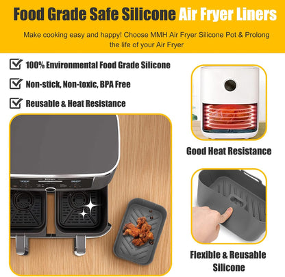 2Pcs Air Fryer Silicone Liners Rectangular for Ninja Foodi Dual DZ201 8QT | DZ090 6QT/Ninja DoubleStack SL201 8QT, MMH Reusable Airfryer Pot Baking Basket | Non-stick | Easy Cleaning | Food Safe | Gray