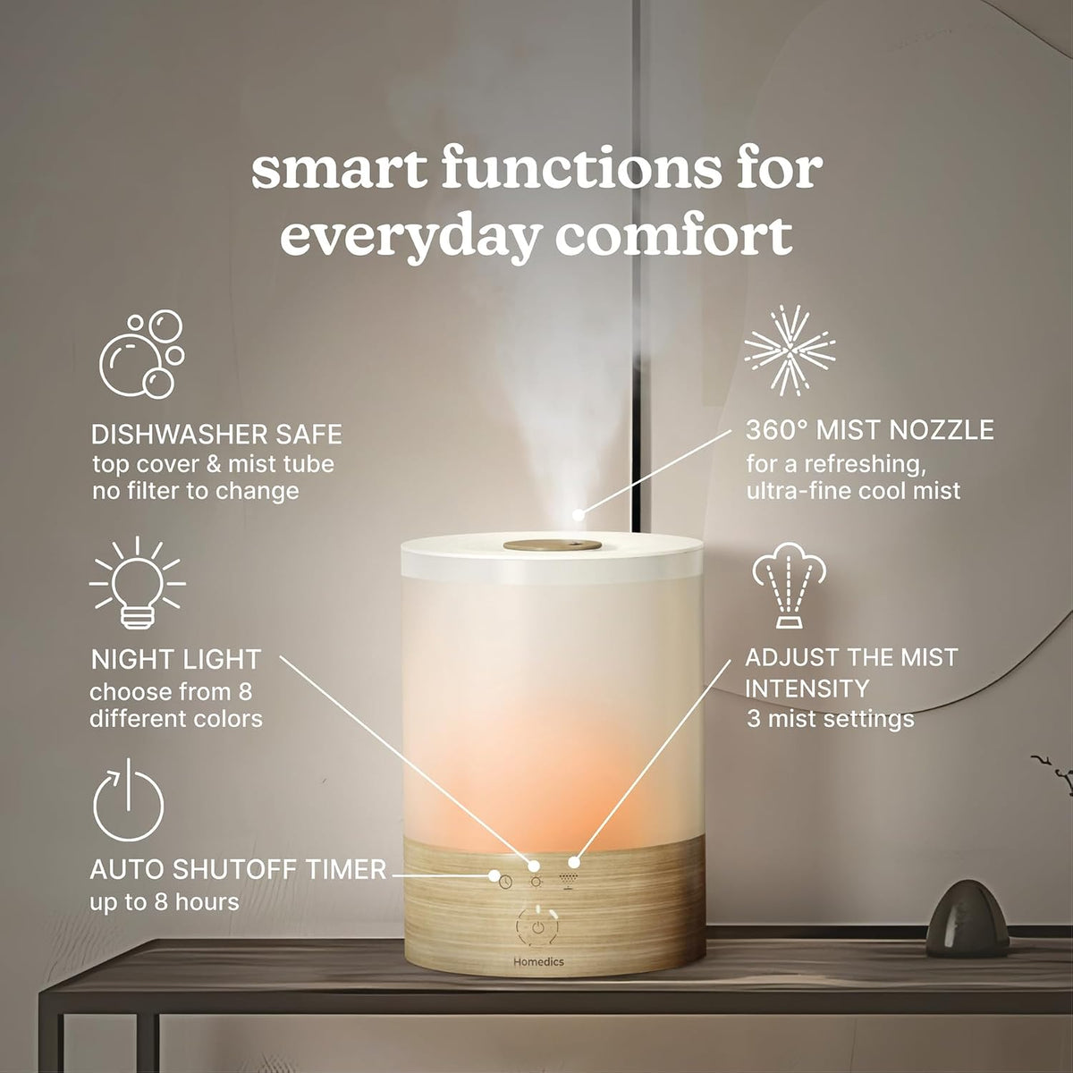 Homedics Cool Mist Ultrasonic Humidifier, 8-Colors Night Light